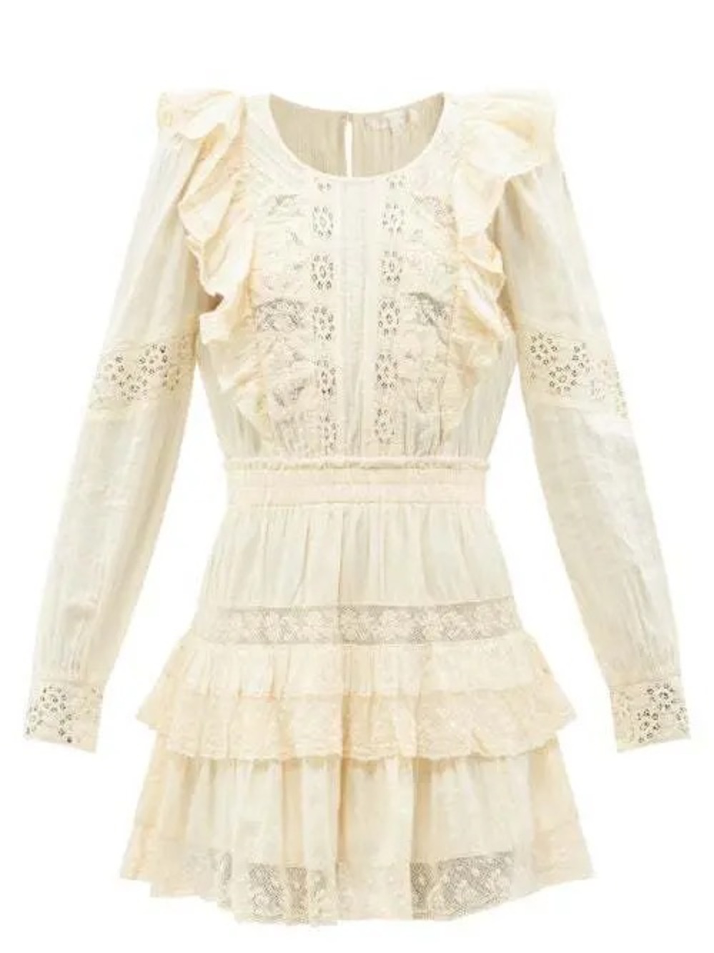 LoveShackFancy Cream Lace Ruffle Tiered Long Sleeve Dress